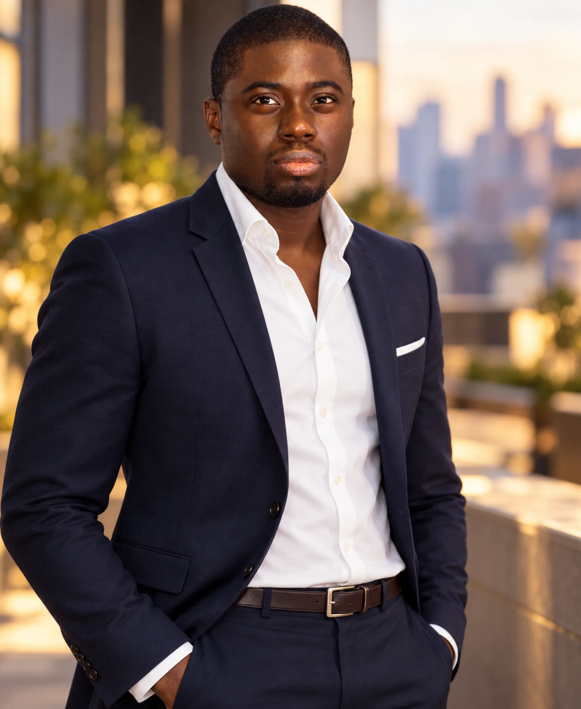 Chi Odogwu standing in a navy suit, hands in pockets, city skyline behind him
